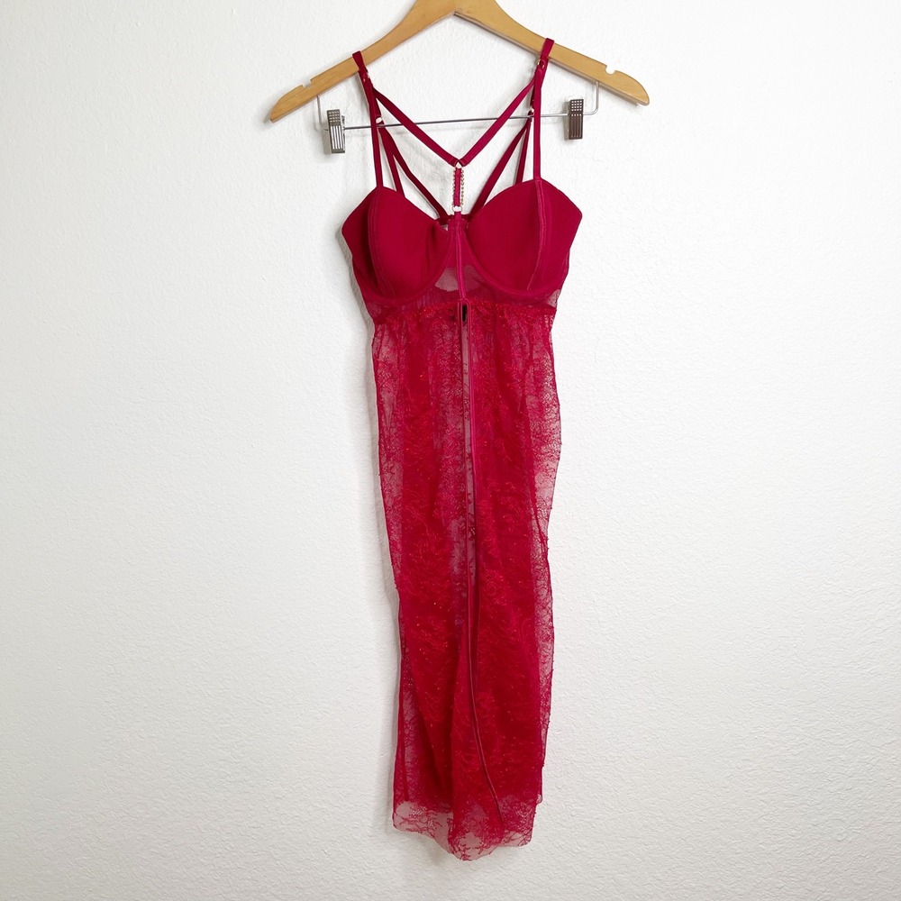 Victoria's Secret Red Lace Strappy Cage Chemise Underwire Lingerie 36D